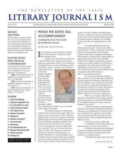 THE NEWSLETTER OF THE IALJS Literary jourNAl i s m.